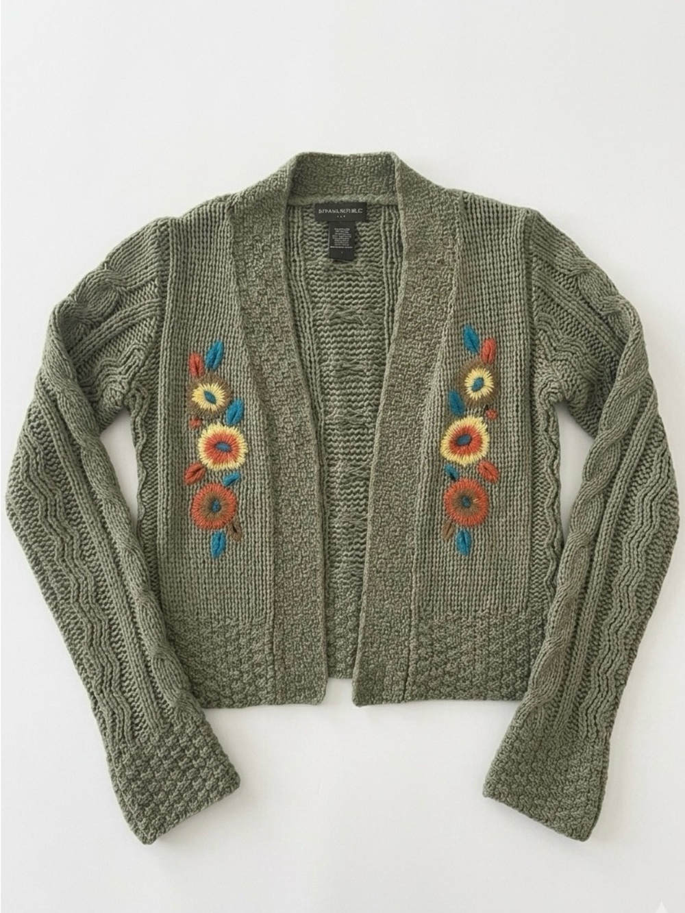 Banana Republic Women's S Vintage Floral Embroidered Cable Knit Cardigan Olive